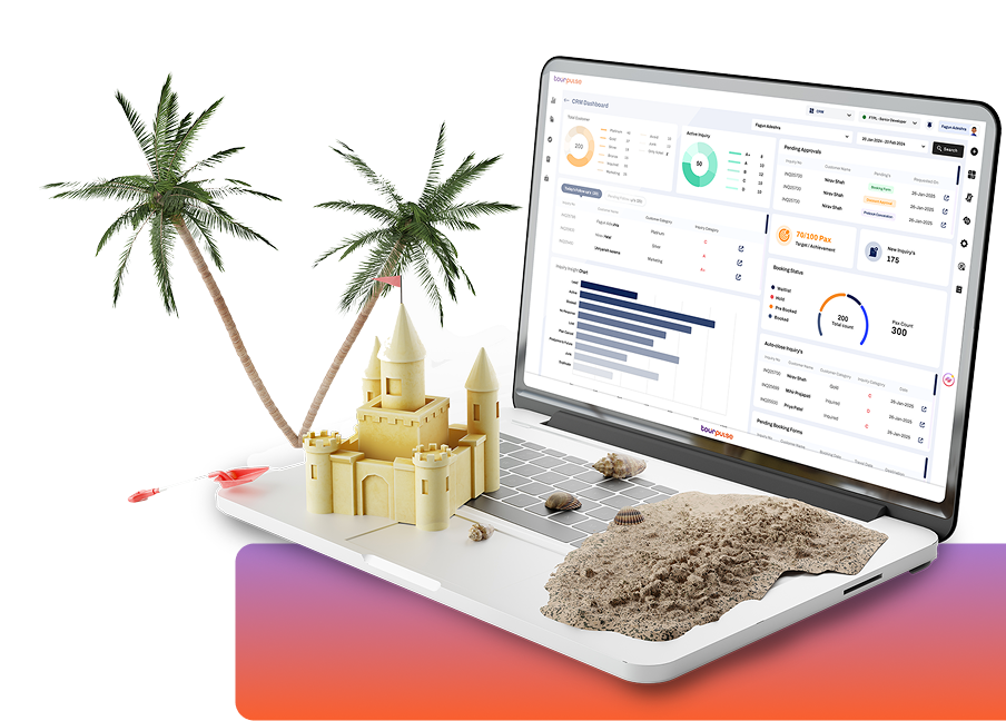 TourPulse dashboard on a laptop with a sunset beach background